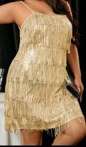 Adult Female Costumes to Hire - Gatsby - Gold cami sequin & fringe dress - 4XL